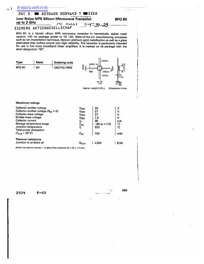 Siemens BFQ 60 Low Noise NPN Microwave Transistor Datasheet - cover page