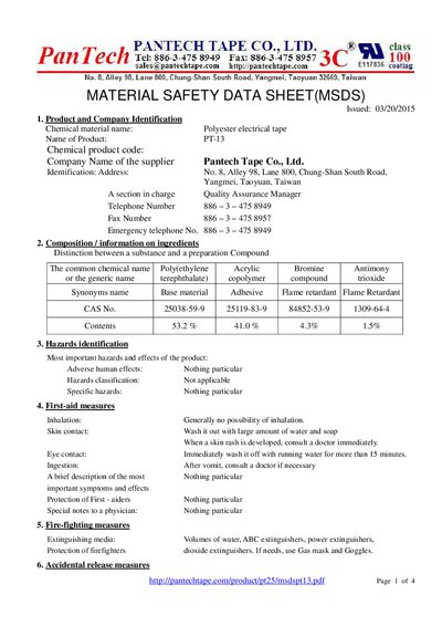 Pantech PT-13 Polyester Electrical Tape Material Safety Data Sheet - cover page