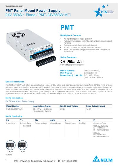 Delta PMT-24V350W1A Panel Mount Power Supply Technical Datasheet - cover page