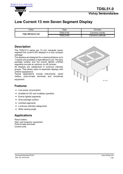 Vishay TDSL51.0 Low Current Seven Segment Display Datasheet - cover page