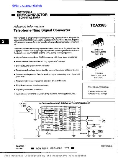 Motorola TCA3385 Telephone Ring Signal Converter Datasheet - cover page