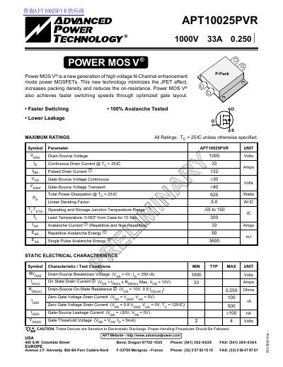 Advanced Power Technology APT10025PVR Power MOSFET Datasheet - cover page