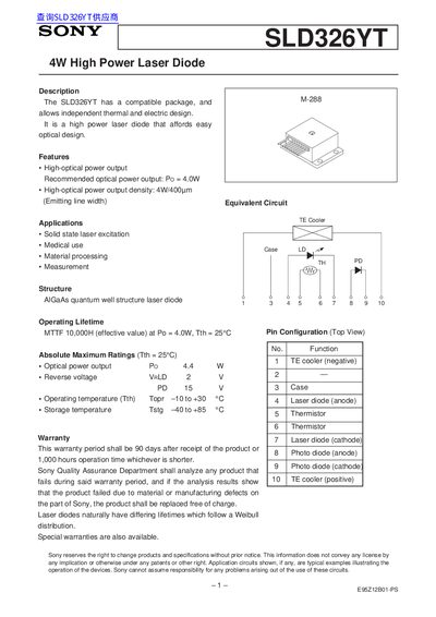SONY SLD326YT E95Z12B01-PS 4W High Power Laser Diode handbook - cover page