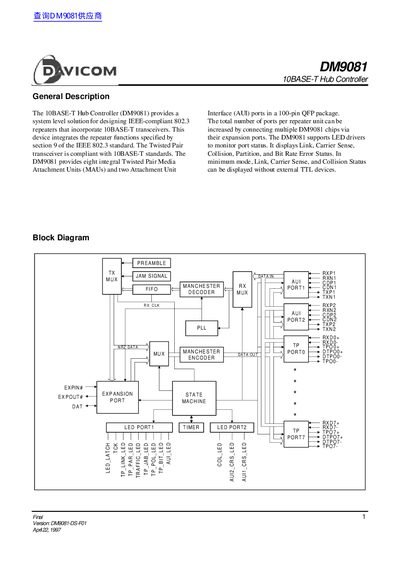 Davicom DM9081 10BASE‑T Hub Controller Handbook - cover page