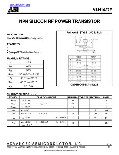 ASI MLN1037F NPN Silicon RF Power Transistor Datasheet - cover page