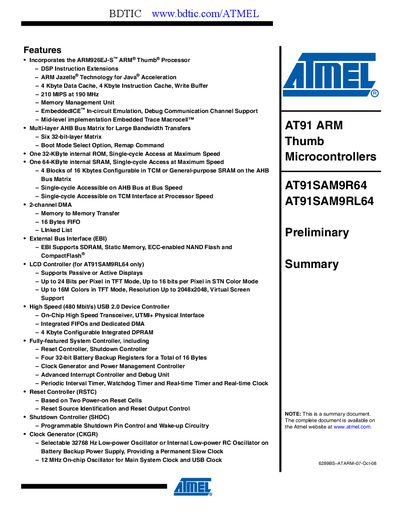 Atmel AT91SAM9RL64 Datasheet - cover page