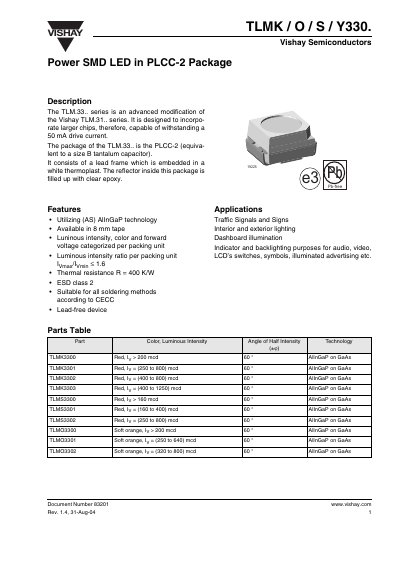 Vishay TLMK/O/S/Y330 Handbook - cover page