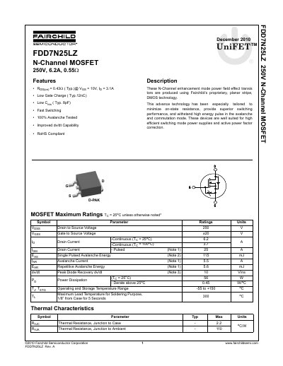Fairchild FDD7N25LZ N-Channel MOSFET Datasheet - cover page