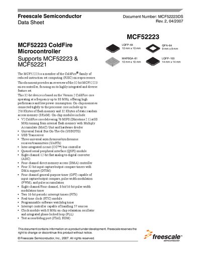 Freescale MCF52223 ColdFire Microcontroller Datasheet - cover page