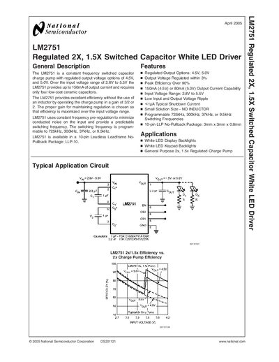 NATIONAL SEMICONDUCTOR -LM2751 Regulated 2X 1.5X Switched Capacitor White LED Driver handbook  - cover page