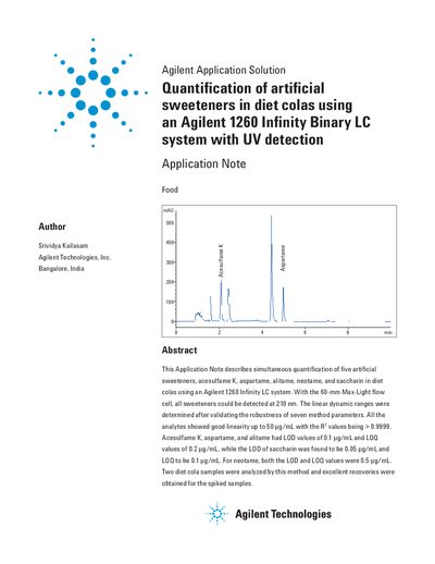 Agilent 1260 Infinity LC Quantification of Artificial Sweeteners Application Note - cover page