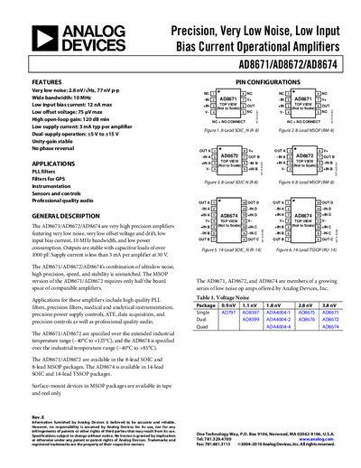Analog Devices AD8672 Operational Amplifier Datasheet - cover page