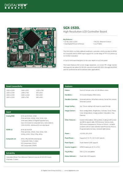 Digital View SGX-1920L High Resolution LCD Controller Board Manual - cover page