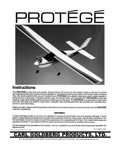 Carl Goldberg Products PROTEGE Model Aircraft Assembly Instructions - cover page