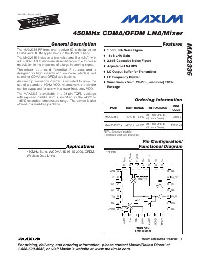 Maxim Integrated MAX2335 RF Front-End Receiver IC Datasheet - cover page