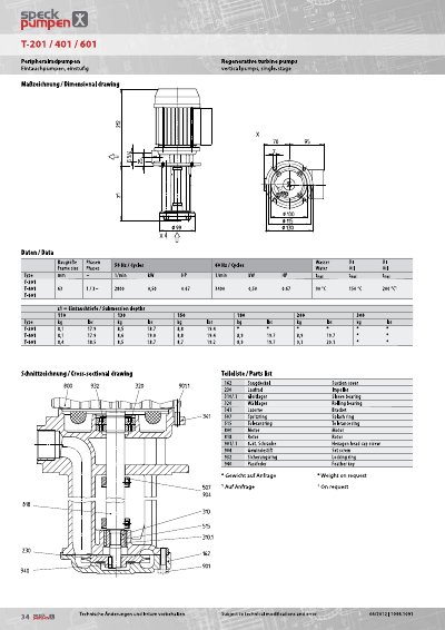 Speck Pumpen T-201/401/601 Regenerative Turbine Pumps Datasheet - cover page