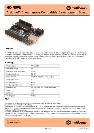 Multicomp MC-NOVE Arduino Duemilanove Compatible Development Board User Manual - cover page