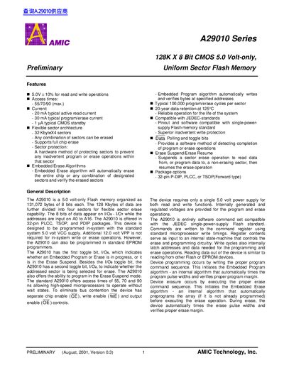 AMIC A29010 Series 128K x 8‑Bit 5.0 V Flash Memory Datasheet - cover page
