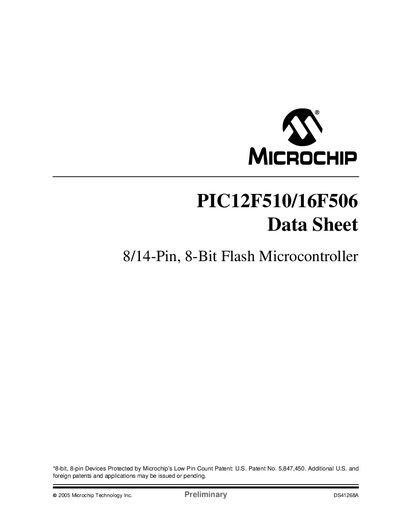 Microchip PIC12F510/16F506 Data Sheet - cover page