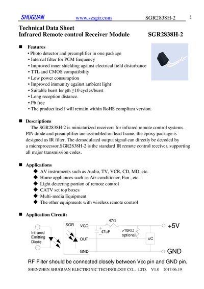 Shenzhen Shuguan SGR2838H-2 Infrared Remote Control Receiver Module Datasheet - cover page
