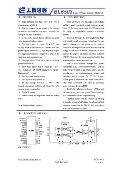 Belling BL6503 Single Phase Energy Meter IC Datasheet - cover page