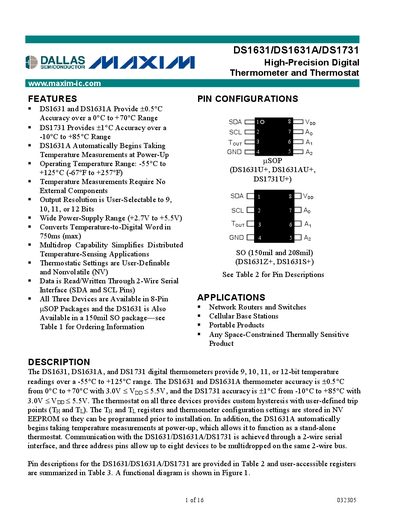 Maxim DS1631/DS1631A/DS1731 Digital Thermometer Datasheet - cover page