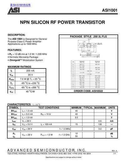 Advanced Semiconductor ASI1001 NPN Silicon RF Power Transistor Datasheet - cover page