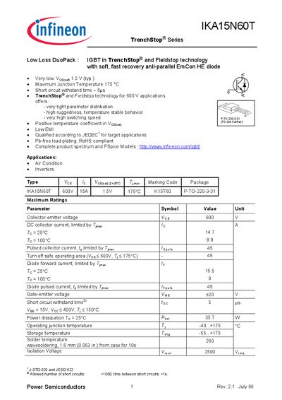 Infineon IKA15N60T TrenchStop® Series Datasheet - cover page