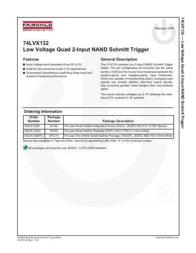 Fairchild 74LVX132 Low Voltage Quad 2-Input NAND Schmitt Trigger Datasheet - cover page