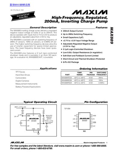 Maxim MAX889 High-Frequency Regulated 200mA Inverting Charge Pump Handbook - cover page