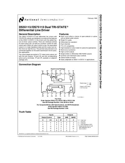 National Semiconductor DS55113/DS75113 Dual TRI-STATE Differential Line Driver Datasheet - cover page