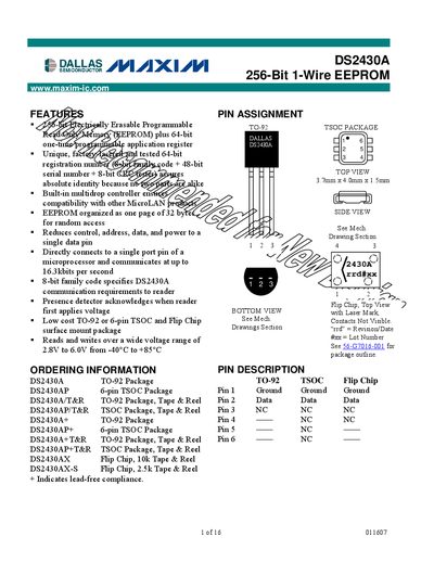 Maxim DS2430A 256‑Bit 1‑Wire EEPROM Datasheet - cover page