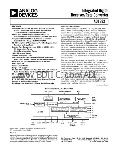 Analog Devices AD1892 Datasheet - cover page