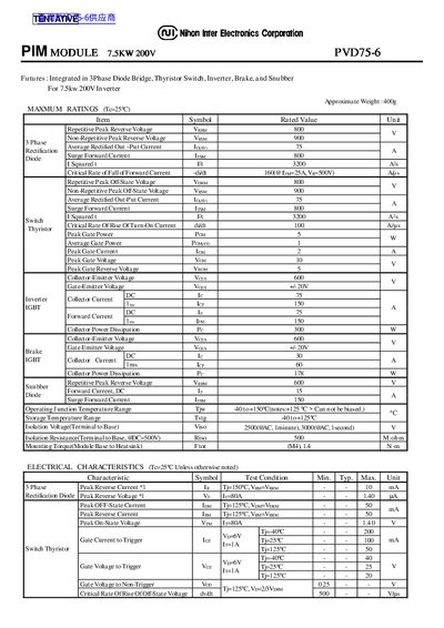 Nihon Inter PVD75-6 PIM Module Datasheet - cover page