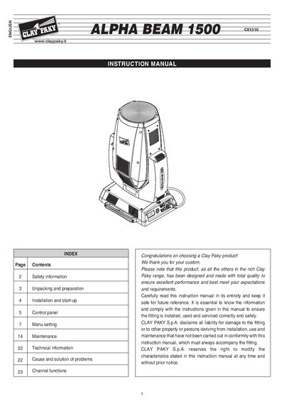 Clay Paky Alpha Beam 1500 Instruction Manual - cover page