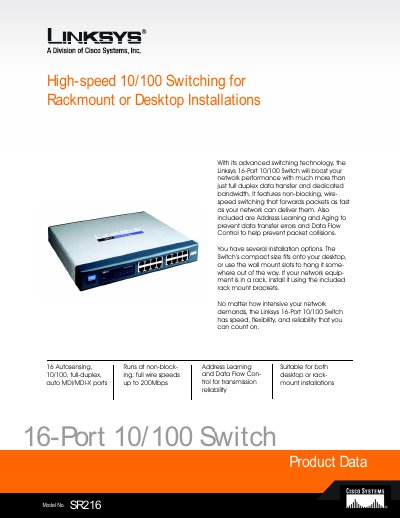 Linksys SR216 16-Port 10/100 Switch User Manual - cover page