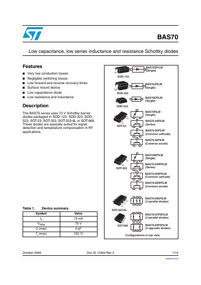 STMicroelectronics BAS70 Schottky Diode Datasheet