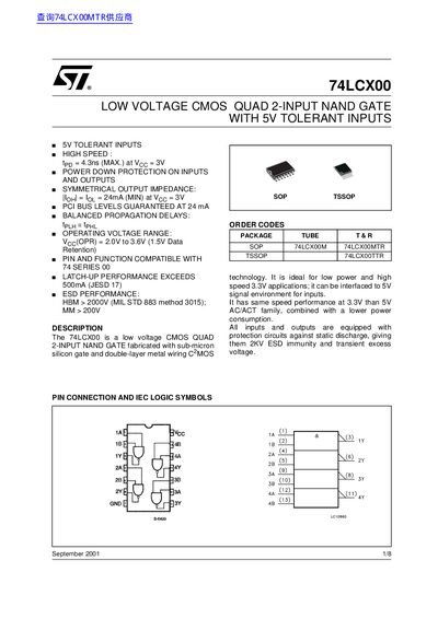 STMicroelectronics 74LCX00 Low Voltage CMOS Quad 2-Input NAND Gate Datasheet - cover page