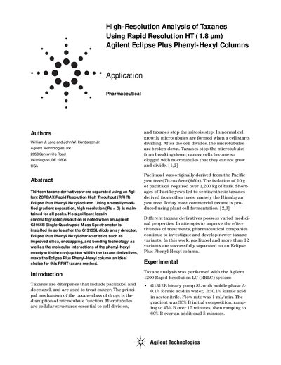 Agilent Eclipse Plus Phenyl-Hexyl Column Taxane Analysis Application Note - cover page