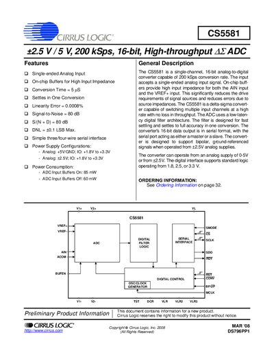 Cirrus Logic CS5581 16-bit ADC Datasheet - cover page