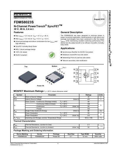 Fairchild FDMS8023S 30V N-Channel Power MOSFET Datasheet - cover page