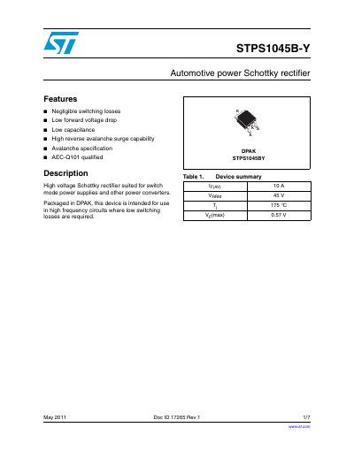 STMicroelectronics STPS1045B-Y Automotive Power Schottky Rectifier Datasheet