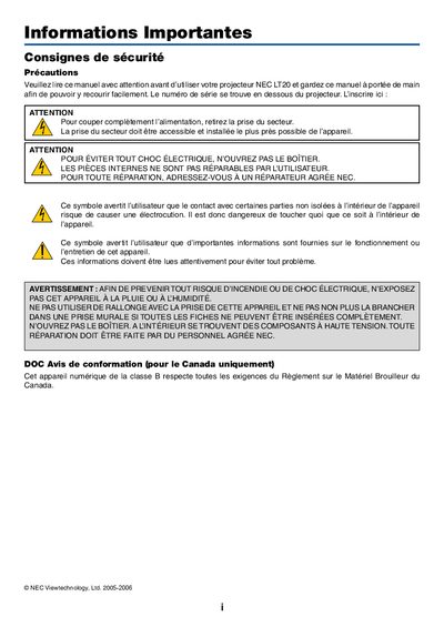 NEC LT20 Projector User Manual - cover page