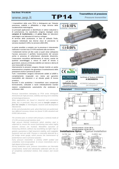 AEP TP14 Pressure Transmitter Datasheet - cover page