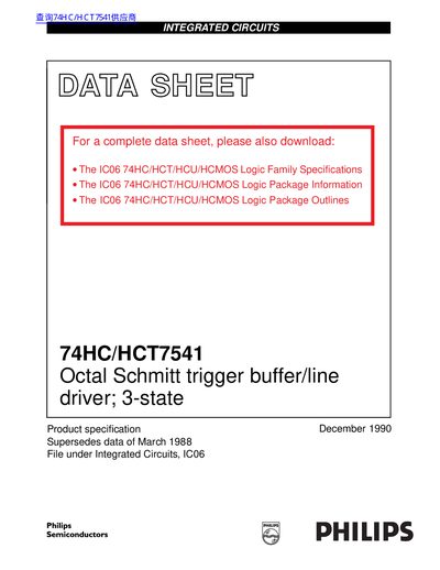 PHILIPS 74HC/HCT7541 Octal Schmitt trigger buffer/line driver; 3-state handbook - cover page