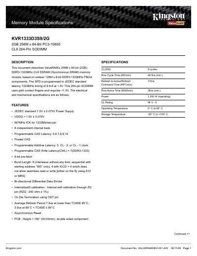 Kingston KVR1333D3S9/2G DDR3 Memory Module Datasheet - cover page