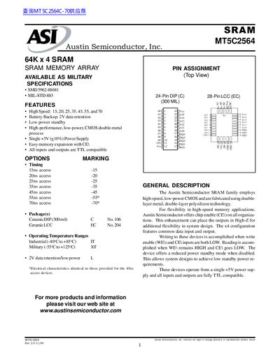ASI MT5C2564 64K x 4 SRAM Datasheet - cover page