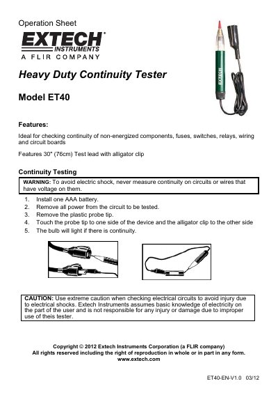 Extech ET40 Heavy Duty Continuity Tester Operation Sheet - cover page
