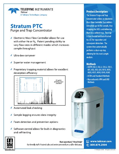 Teledyne Tekmar Stratum PTC Purge and Trap Concentrator Data Sheet - cover page