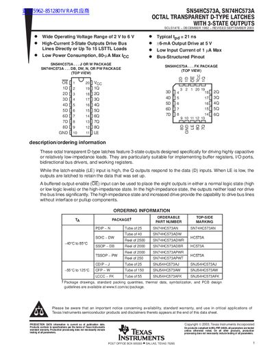 Texas Instruments SN54HC573A / SN74HC573A Datasheet - cover page